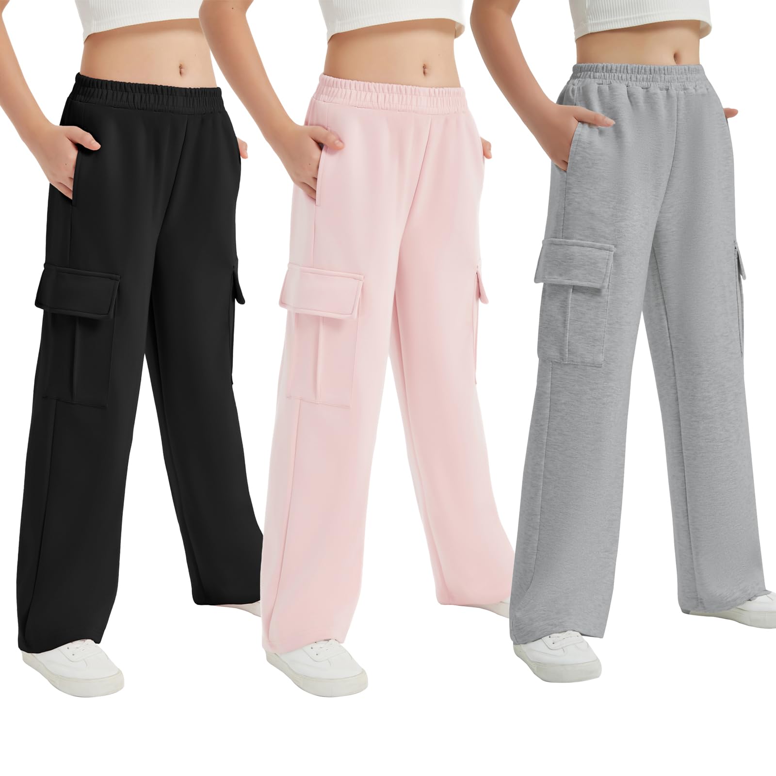 EXARUS Pantaloni della tuta da ragazza con tasche cargo elastico in vita gamba larga pantaloni casual per bambini a vita alta 6-14 anni