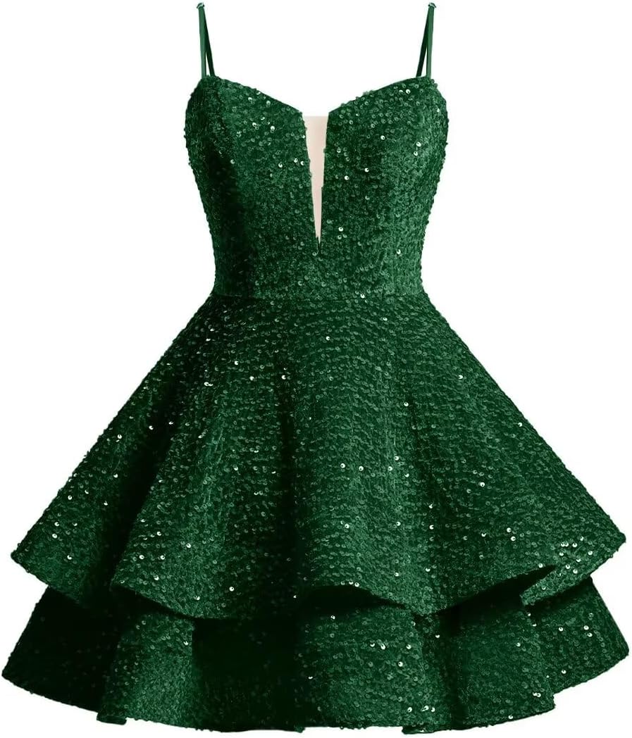UZN Tiered Sequin Homecoming Dresses Short for Teens Sparkly Prom Dress V Neck Cocktail Gown