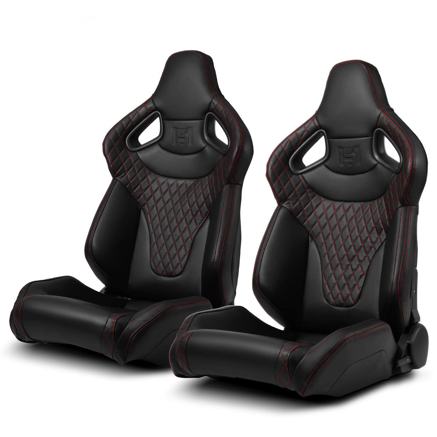 ModifyStreet Black w/Red Stitching C-Series PVC Reclinable Left/Right Racing Seats Pair