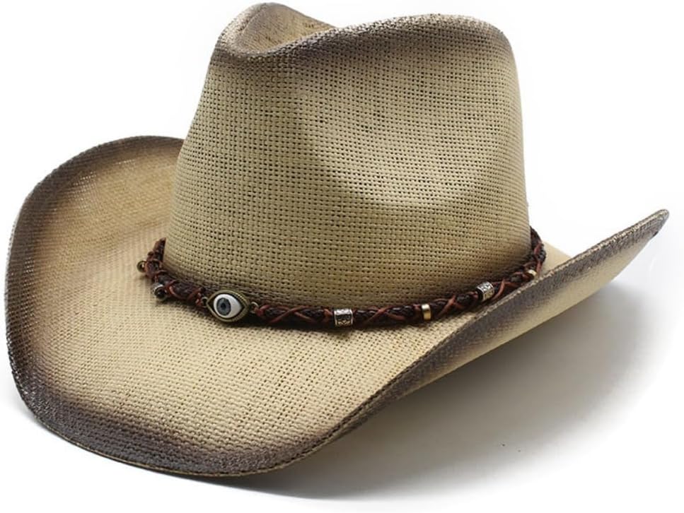 Western Cowboy Hat with Braided Band, Brown Straw, Wide Brim