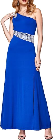 Angel-fashions Women's Hollow Out Rhinestones One Shoulder Slit Prom Dresses