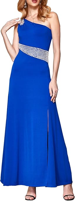 Angel-fashions Women's Hollow Out Rhinestones One Shoulder Slit Prom Dresses