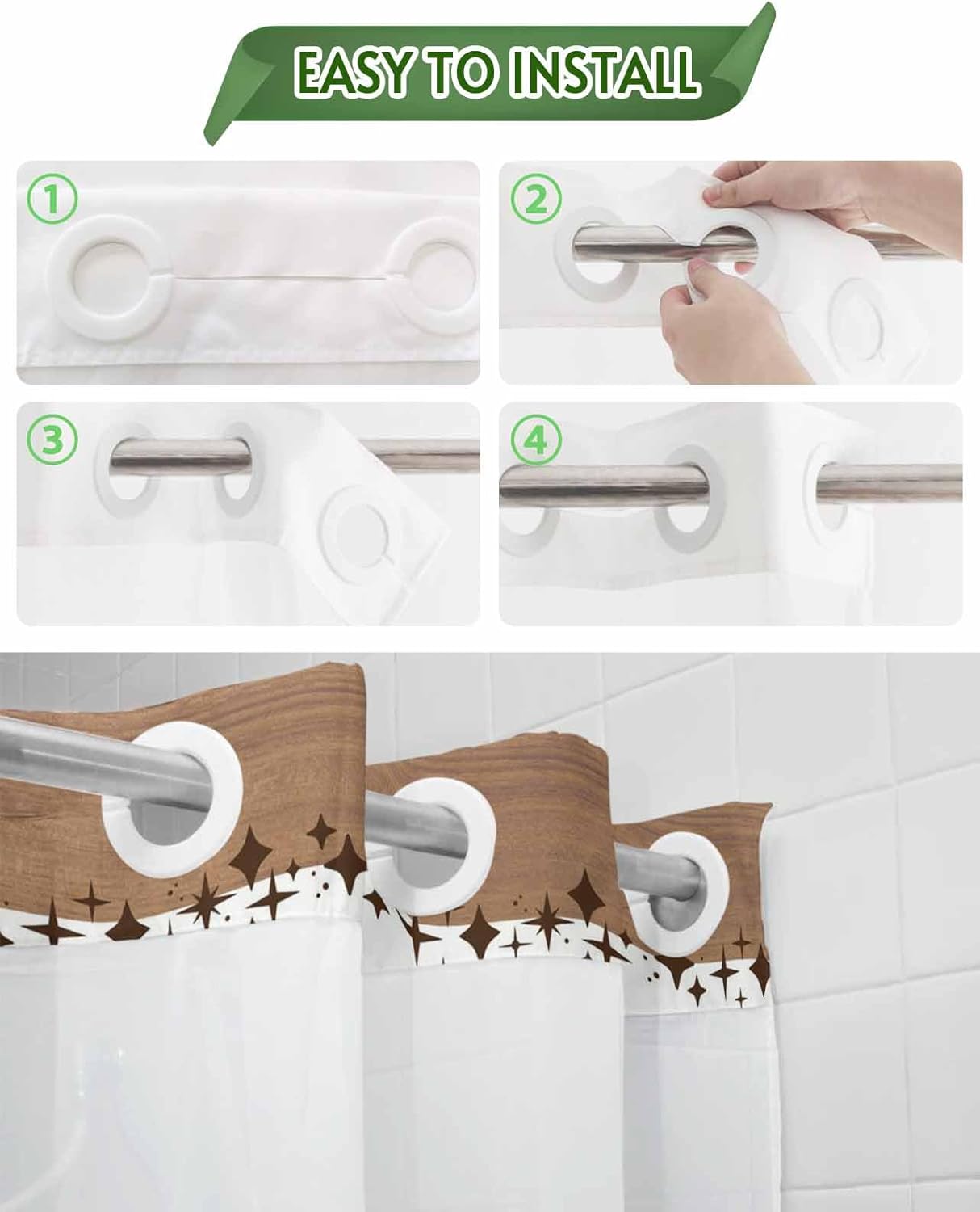 No Hook Shower Curtain with Snap in Liner, Farmhouse Flower Bless This Home Waterproof Bath Curtain Double Layers with See Through Top Window, Rustic Shining Star Wood Hotel Shower Curtains