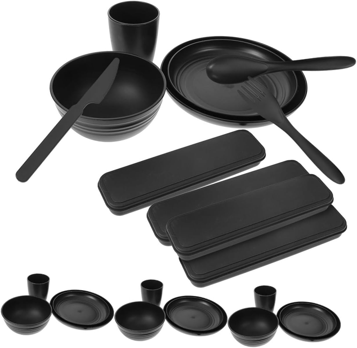 Camping Utensil Set 4-piece Plate Bowl Cup Black Picnic Tableware Dinnerware Fork Spoon Knife