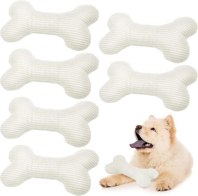 6 Pcs Bone Shaped Plush Squeaker Dog Birthday Toy Soft Stuffed Calming Toy with Squeaker for Small Medium Pet Dogs Puppy Chew Claw Interactive Fetch, 8. 27 x 4. 72 Inch White