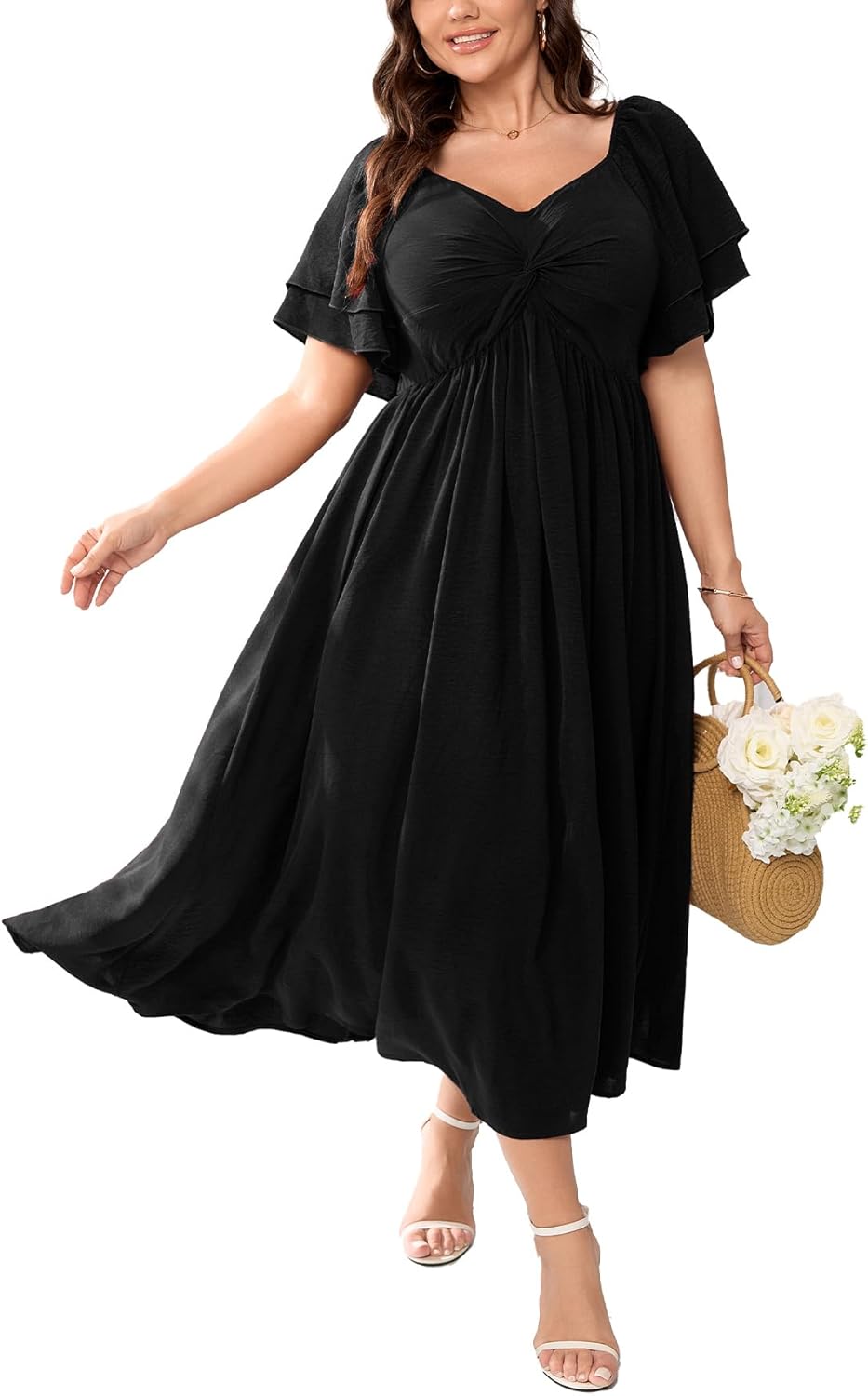 SCOMCHIC Women's Plus Size Wedding Guest Cocktail Dresses Sweetheart Neckline Ruffle Sleeve A Line Maxi Dress - Image 2