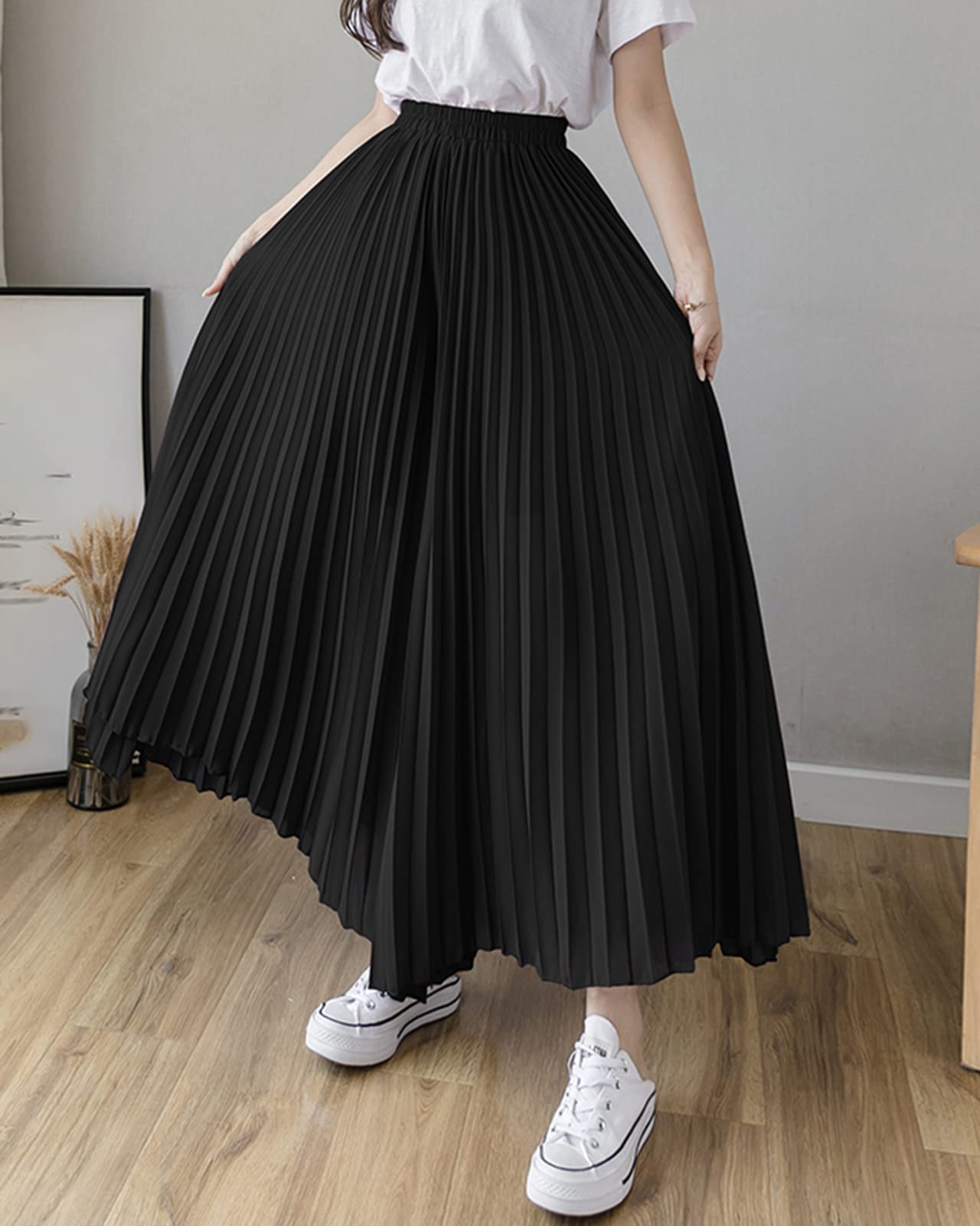 Pantalon Large Femme Plissée Taille Haute Léger Décontracté Confortable Pantalon de Mousseline Jupe-Culotte Femmes