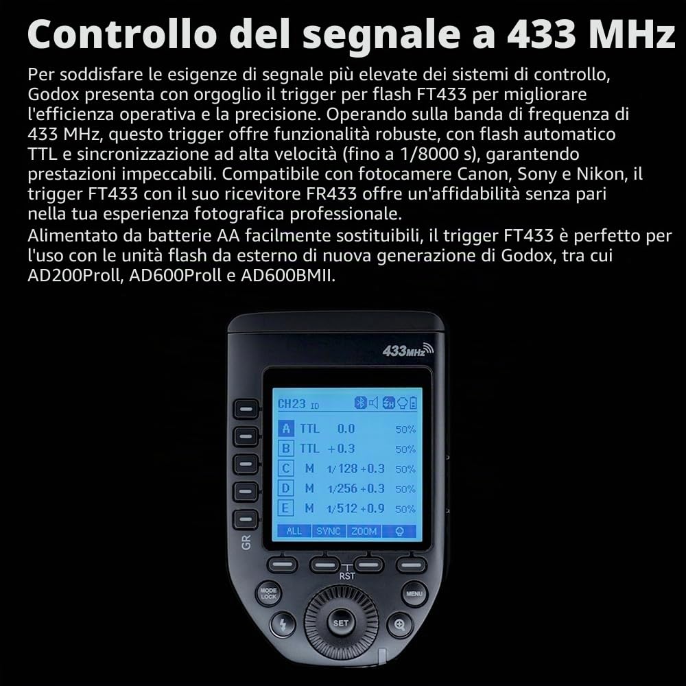 Godox FT433 C TTL trigger flash wireless per Canon, 433 MHz, HSS 1/8000s, portata 100m, LCD, 32 canali, 1-99 ID, sincronizzazione fronte/retro, controllo app Bluetooth, TCM, fuoco rapido a contatto