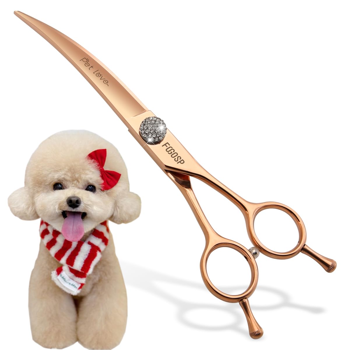 FOGOSP Rose Gold Titanium Curved Dog Grooming Scissors 7'' Downward 30° with Jewelled Screw Japan 440C Professional Pet Grooming Trimming Shears for Dogs Suzhi Teddy(7,Curved) — image 1