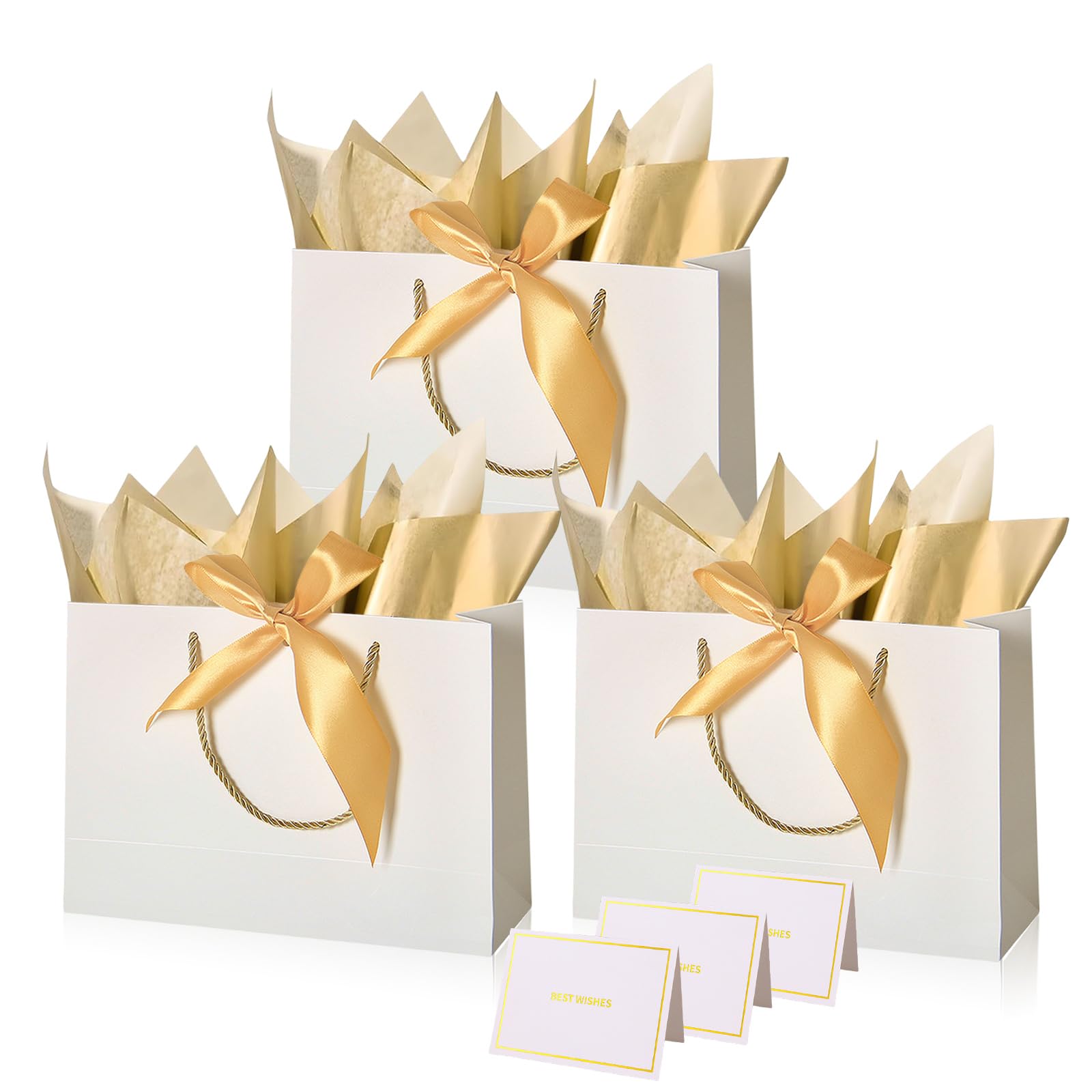 White Paper Gift Bags with Handles,3pcs Medium Gift Bags for Presents,Wrapping Gift-Bag with Bow Ribbon Tissue Papers and Cards,28 * 20 * 10cm Wrapping Bag for Christmas Birthday Wedding Bridesmaid — image 1