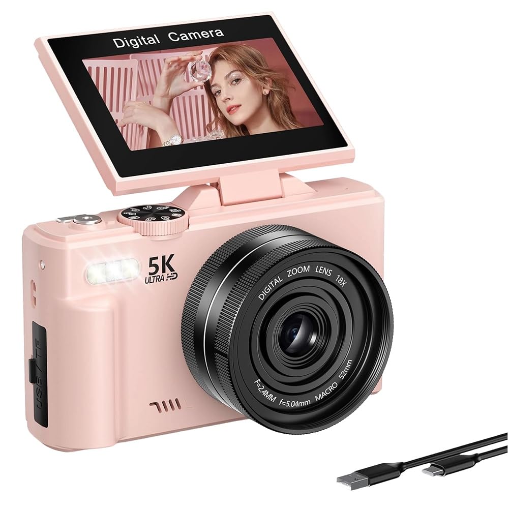 Fotocamera Vlog 5K Fotocamera Digitale WiFi Autofocus Schermo Flip 180°, Fotocamera Compatta per Fotografia per Principianti, Teenager C