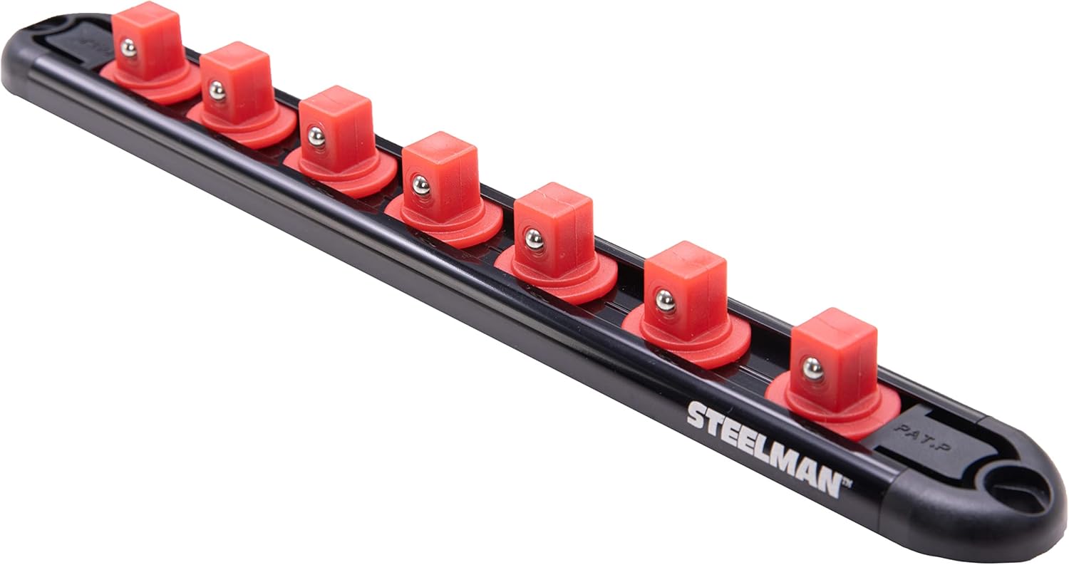 Steelman 1/2-inch Drive Socket Organizer Storage Rail, Holder for 7 Pieces, Spring-Loaded Posts, Magnetic Back