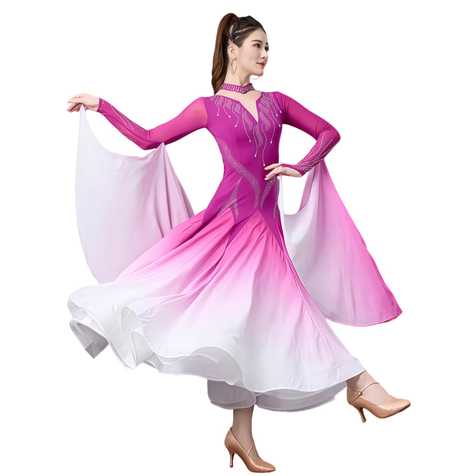 Damen Ballroom Turnierkleid, Elegantes Langarm Tanzkleid Mit V-Ausschnitt, Strass Und Fließendem Chiffonrock Mit Farbverlauf Für Walzer Tango Foxtrott