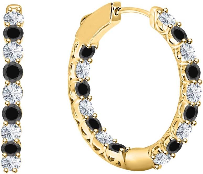 Round Cut White CZ Diamond & Black Diamond 14K Gold Over .925 Sterling Silver Round Inside-Out Shared Prong Hoop Earrings For Womens.