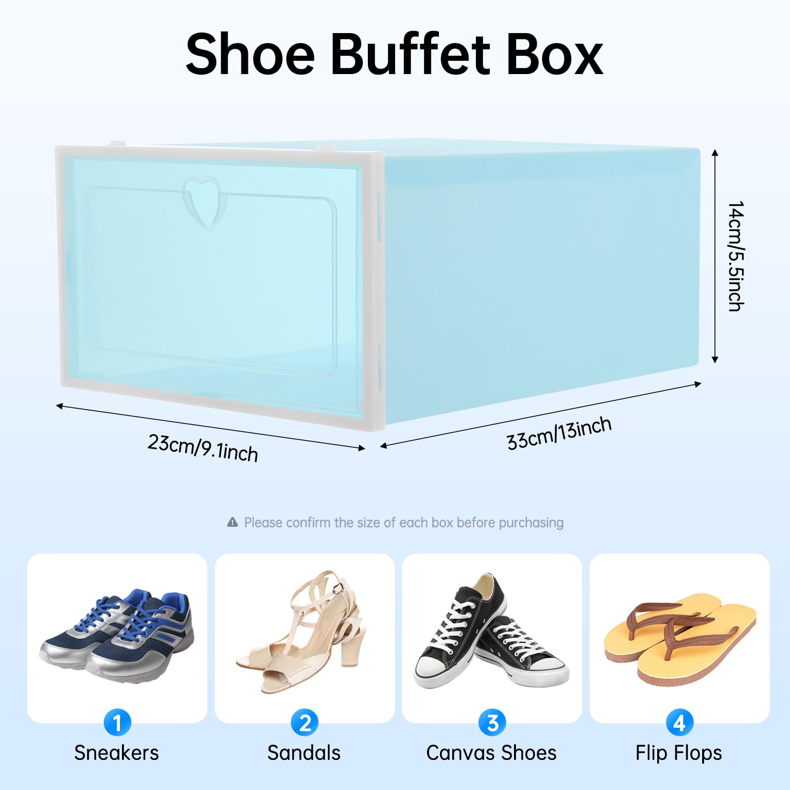 20 scatole per scarpe Flip-Top, trasparenti, impilabili con manico a cuore, 23 x 33 x 14 cm, salvaspazio e antipolvere, per scarpiere, camera da letto, guardaroba, ripostigli, blu