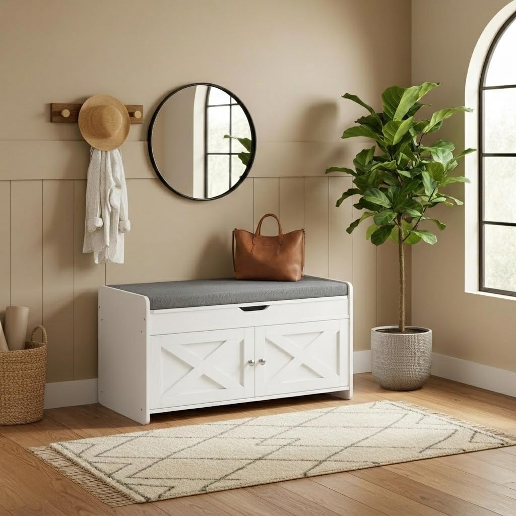 Pipishell Shoe Storage Bench, 2-Tier with Cushioned Seat, Entryway Bench with Adjustable Shelf & Barn Doors, 300 lbs Capacity, 31.5" x 15" x 18", for Entryway, Bedroom, Living Room, White