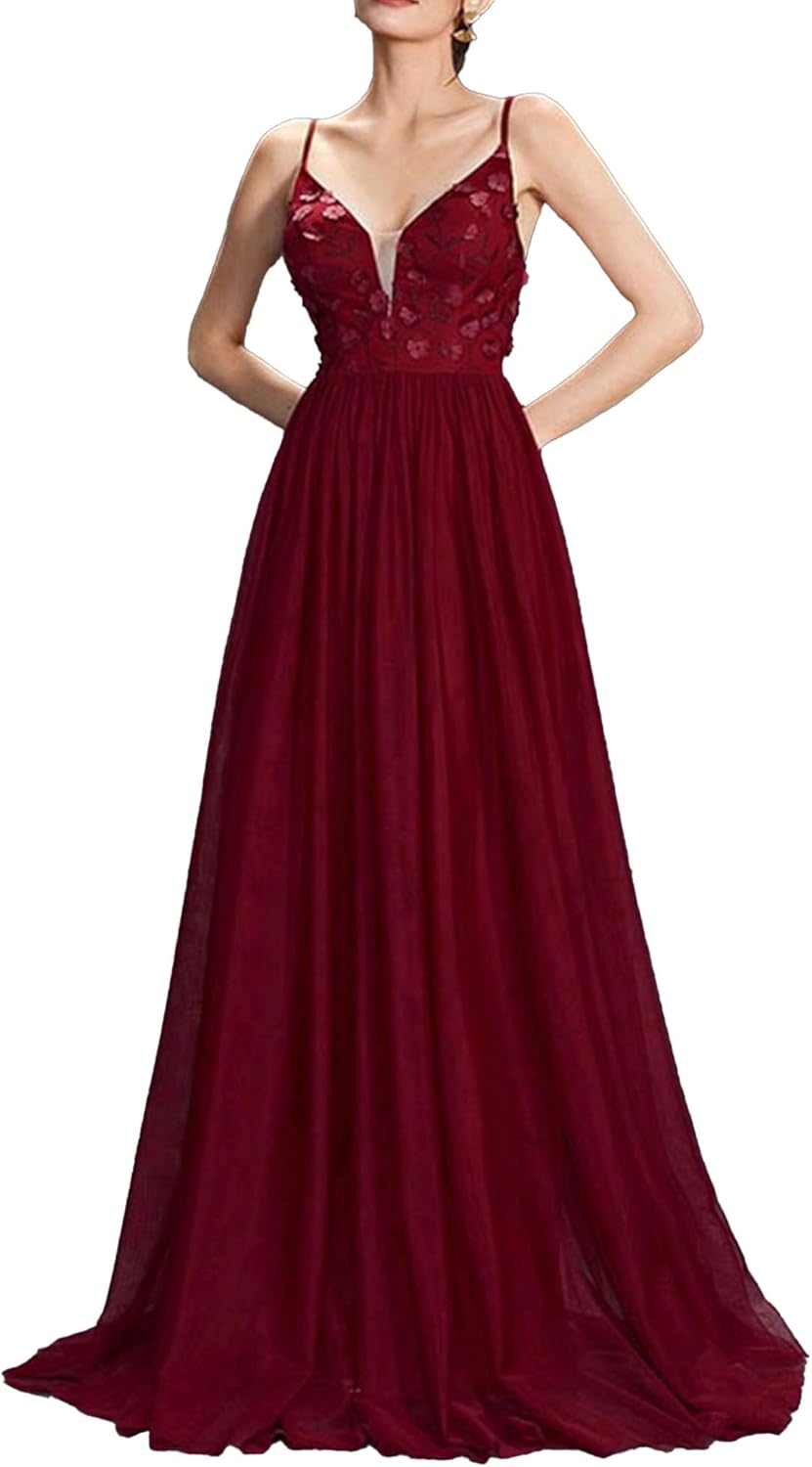 JEKE-DG Women's Deep V Neck Elegant Maxi Dress Ruched A Line Wedding Guest Dress Spaghetti Strap Backless Dresses