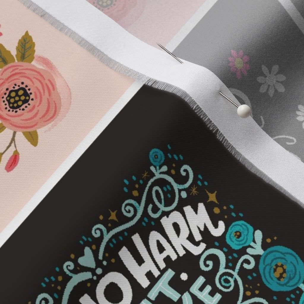 Spoonflower Fabric - Pink Flowers Floral Funny Girly Patchwork Profanity Swear Curse Words Printed on Organic Cotton Sateen Fabric by The Yard - Sewing Quilting Apparel Home Decor