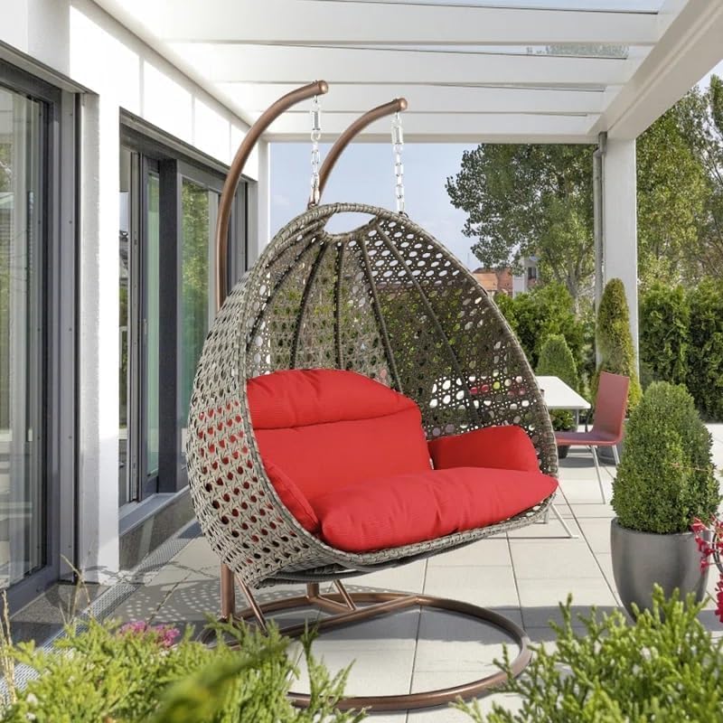 Image of Double Seater Hammock Swing Chair with Stand & Cushion | Heavy Duty Powder Coated Steel Frame | Outdoor Indoor Hanging Swing for Patio Balcony Garden Terrace Living Room (Brown-RED)