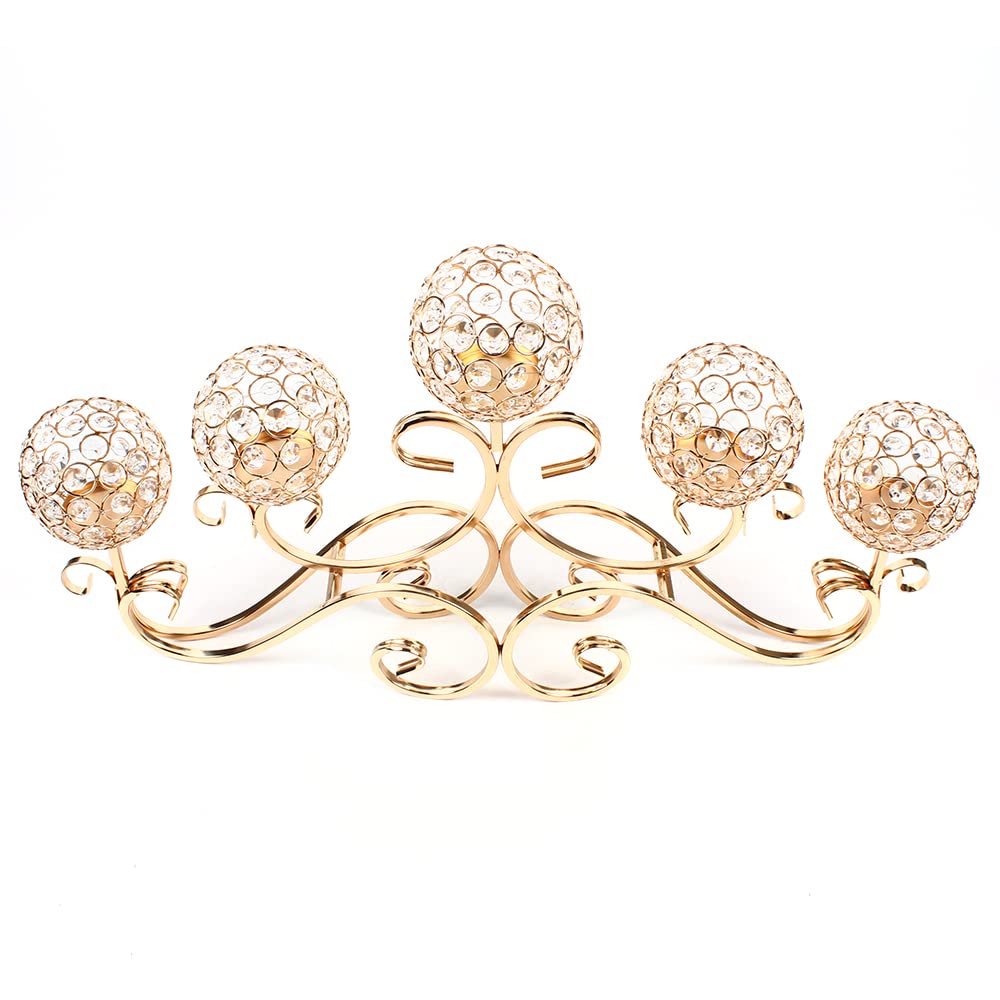 Crystal Candelabra Candle Holder with 5 Candle Stands, Gold Candle Holders for Pillar Candles Table Top Candelabra Candlestick Holders,Candelabra Decoration for Wedding Home Party Table Centerpieces