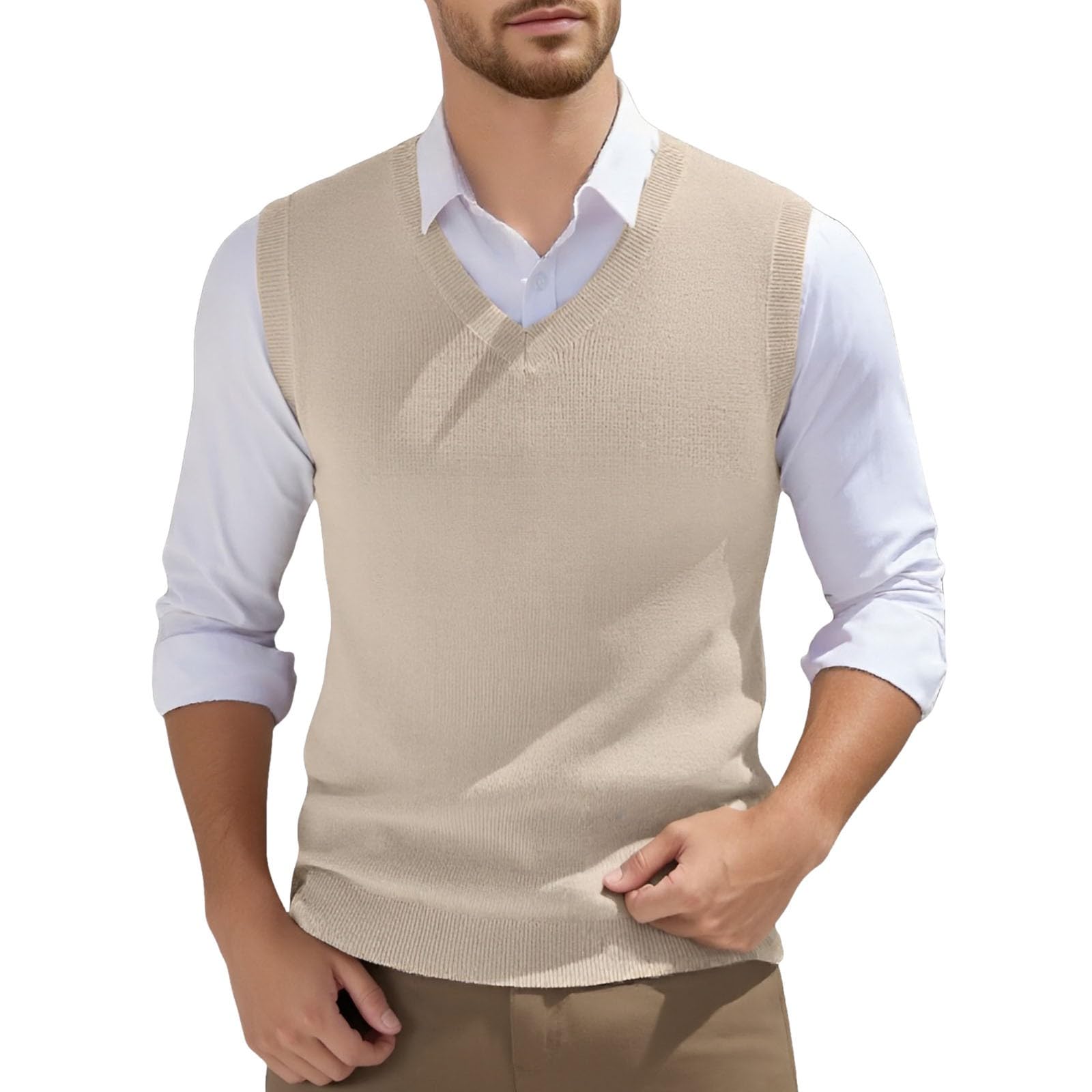 Chaleco de Punto con Cuello en V para Hombre Estilo Informal Sin Mangas Corte Ajustado Chaleco de Lana Suéter de Punto Clásico Chaleco de Caballero de Negocios