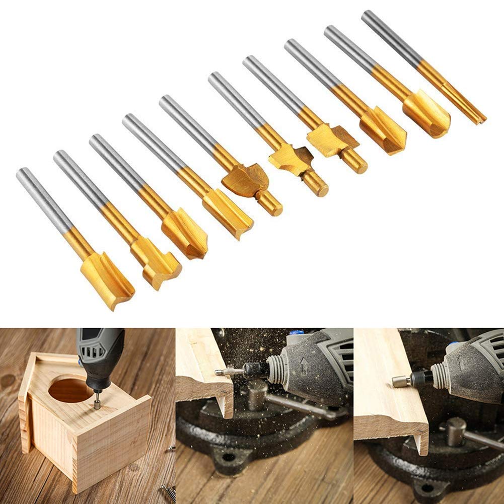 HSS Router Carbide Engraving Bits and Router Bit Set 1/8"(3mm) Shank for Rotary Tools Accessories for DIY Woodworking, Carving, Engraving, Drilling (Golden)