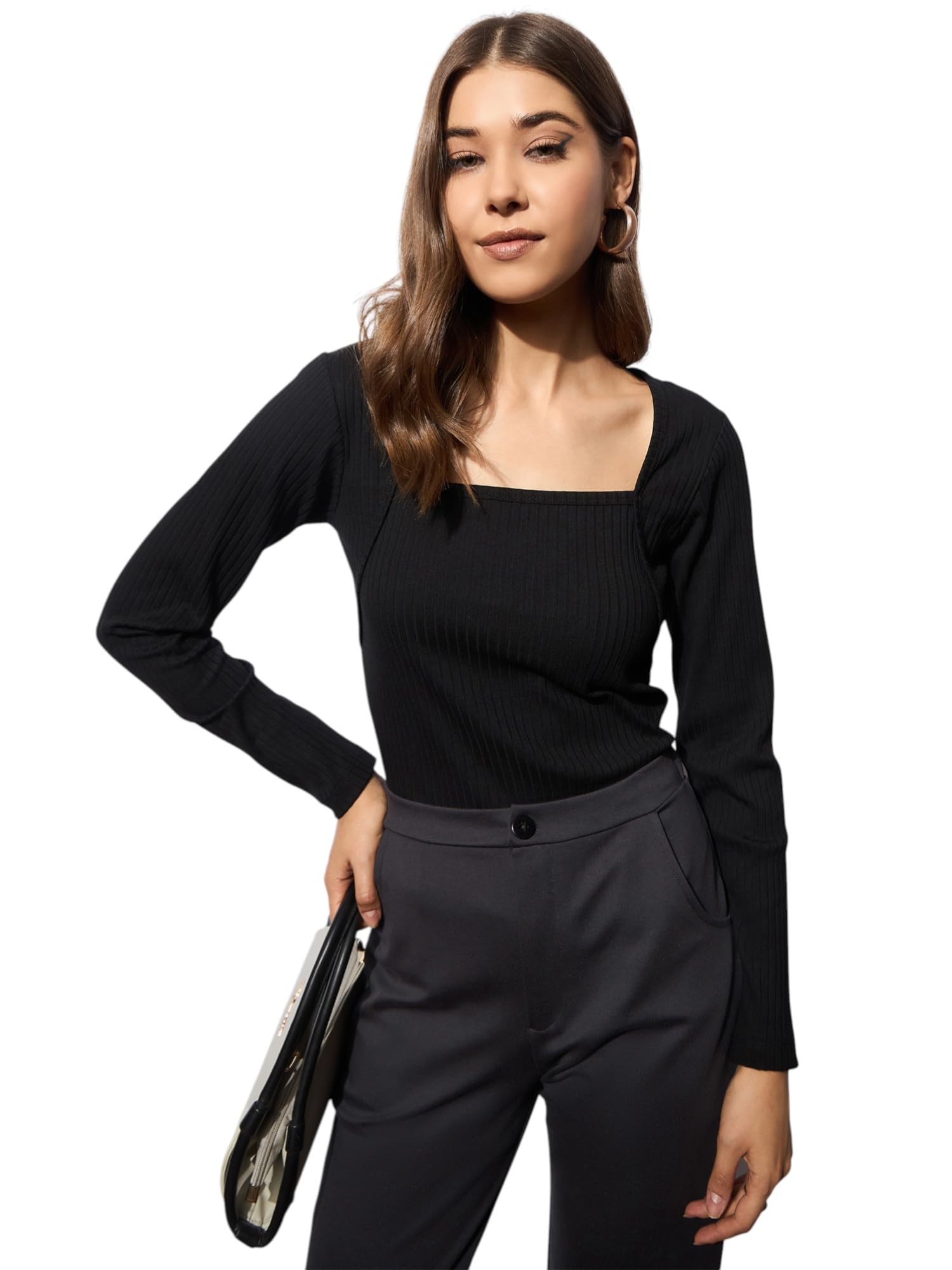 Black Rib Stitch Square Neck Full Sleeves Top