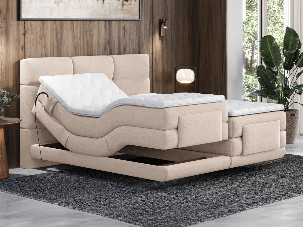 Brand Set letto Boxspring 2x90x200 Beige LODI di PALACIO: Testata trapuntata + Rete relax elet. + Materasso + Topper