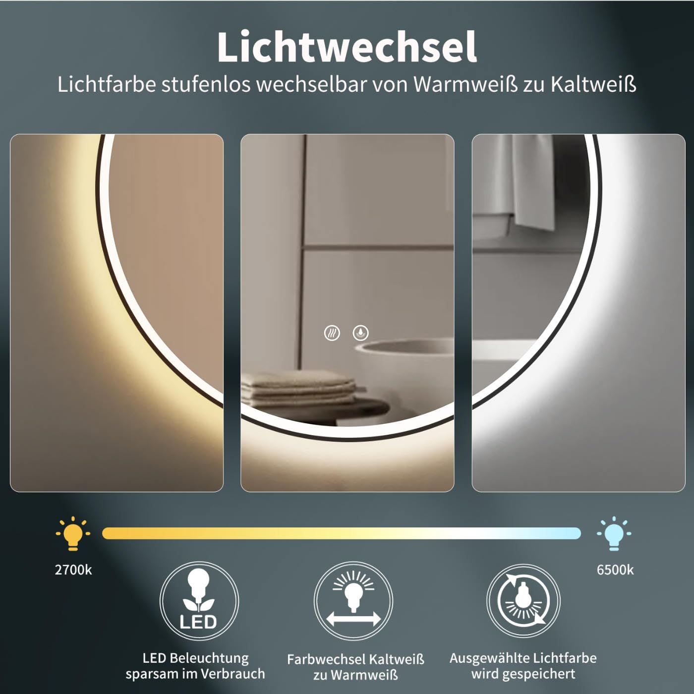 HOKO Wandspiegel Rund 80cm Badspiegel Beleuchtung mit Anti-Fog+Rahmen+Touch Schalter Memory+Licht Wechsel 2700-6500K Warmweiß-Kaltweiß-Neutral