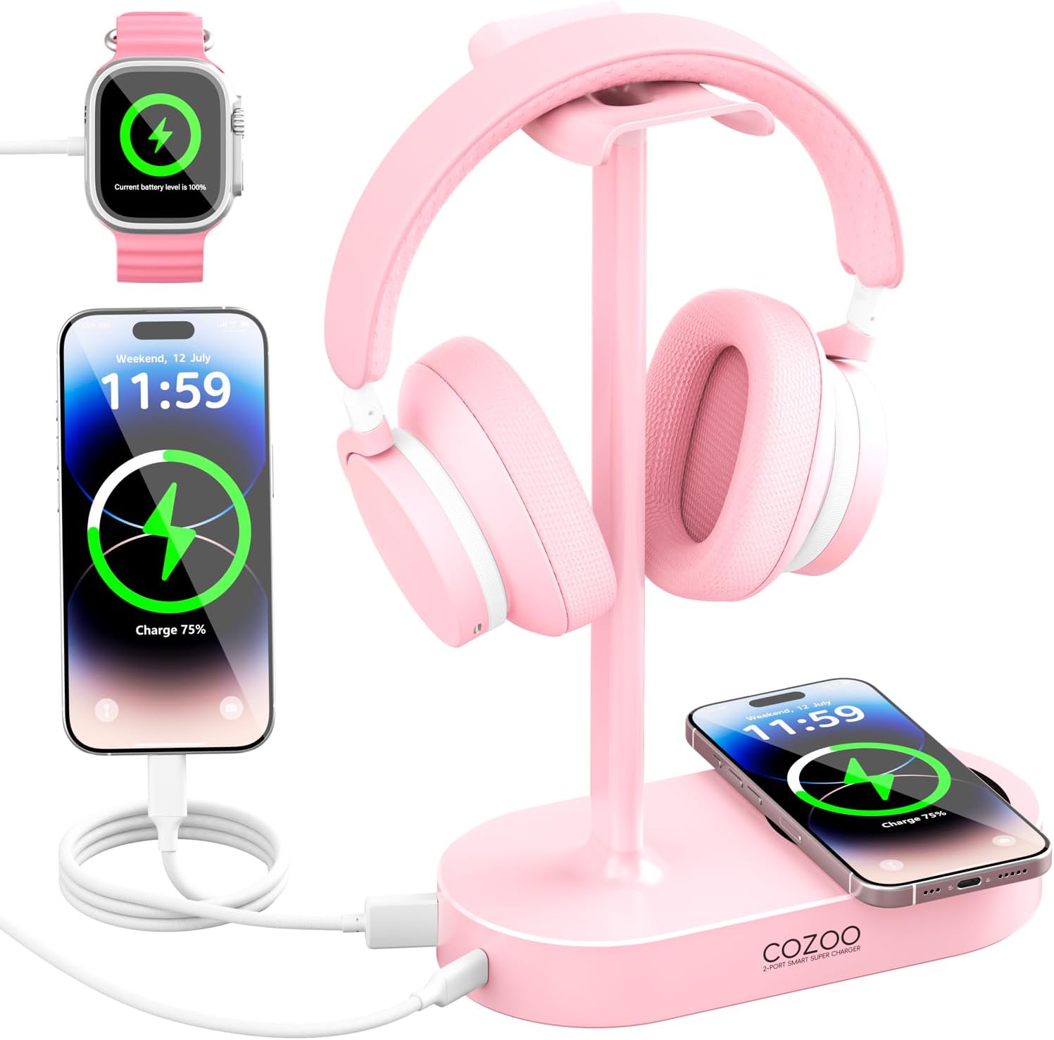 cozoo Pink Headphone Stand with 15W Wireless Charger, USB & Type-C Ports,Cute Desk Gaming Headset Holder,Gifts for Women,Teen Girls, Girlfriend,Gamer Girls,Aesthetic Desk Accessories, for Her