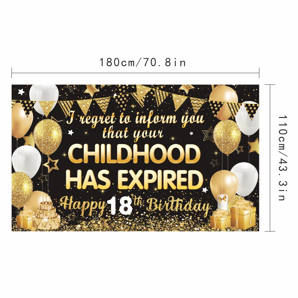 18. Geburtstag Banner – „I Regret To Inform You Your Childhood Has Expired“ – Rot-Gold, 180x111 Cm – Fotohintergrund