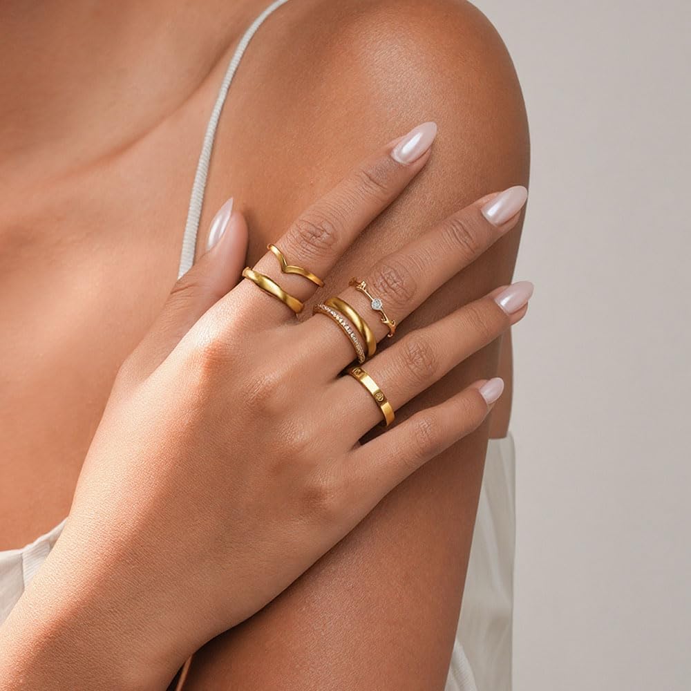 Stackable Gold Rings for Women Non Tarnish 14k Gold Plated Rings Cubic Zirconia Thin Thumb Stackable Ring Set Dainty Statement Engagement Rings for Women Size 5-10 - Image 3