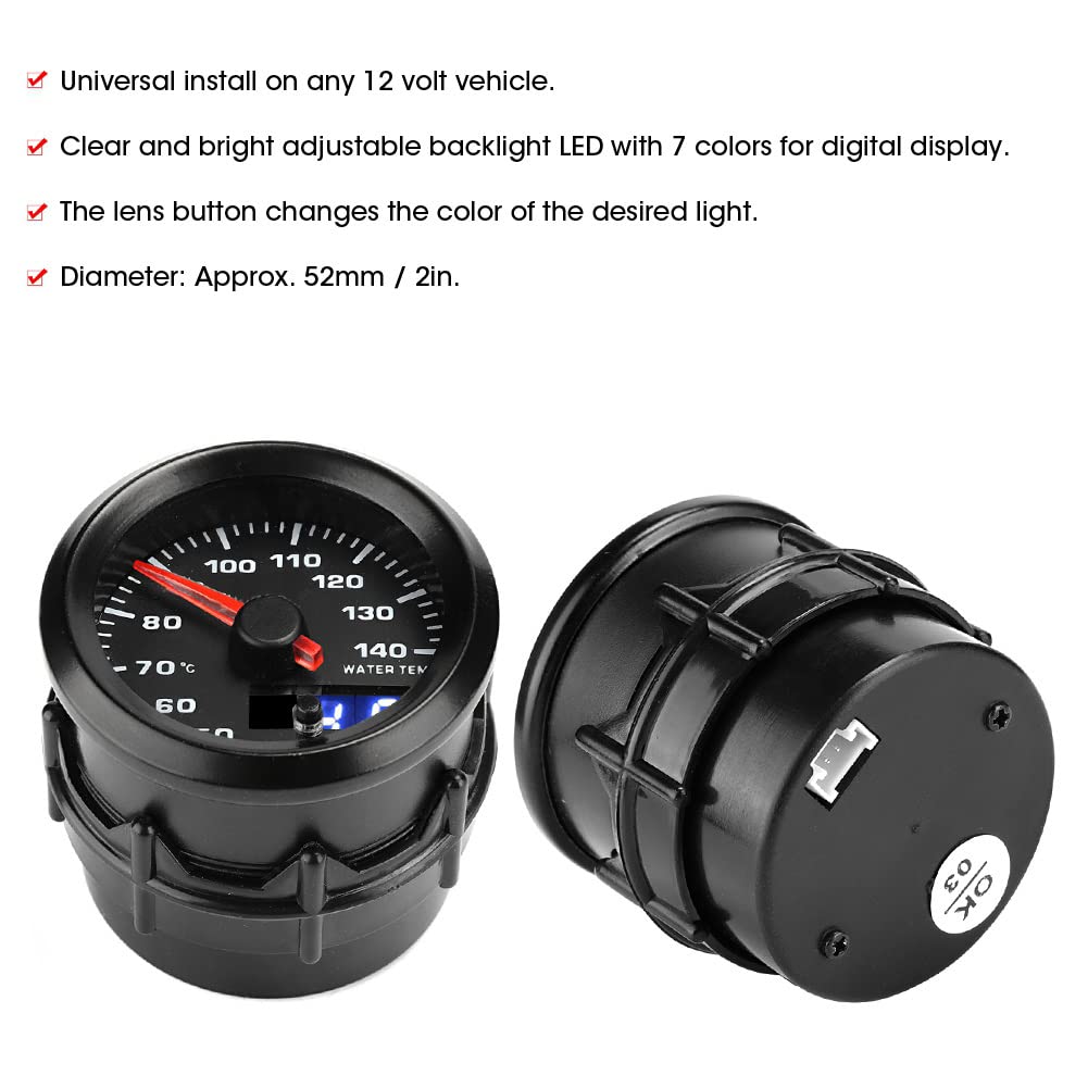 Misuratore della temperatura dell'acqua da 52 mm e 2 pollici con sensore per veicoli a 12 Volt, display a LED a 7 colori, indicatore digitale della temperatura dell'acqua,