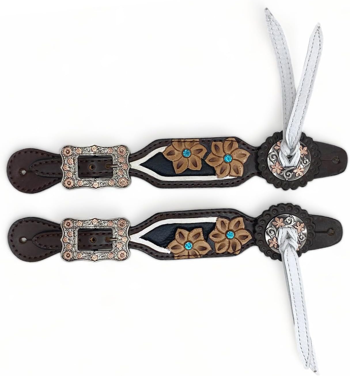 Western Women Spur Strap Set Decorated with Engraved Flowers, Turquoise Stones, and White Leather Fringe at Corner Concho