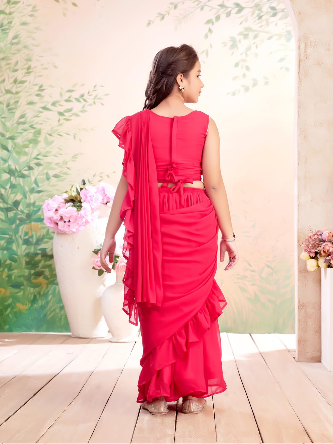 Aarika Sari z georżetą Lehenga z kolorowym haftem Rani dla dziewczynek ze zdejmowaną dupattą