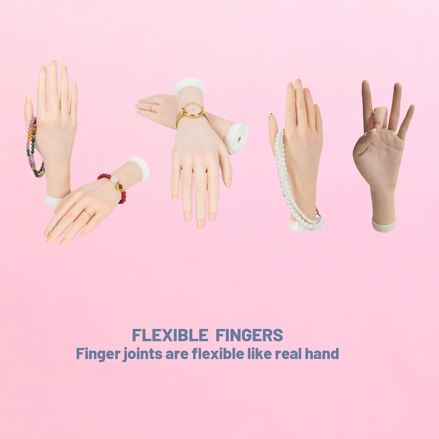 Silicone Nail Practice Hand with Adjustable Holder Flexible Bendable Mannequin Hand for Nail Practice 360°Rotatable Fingers for Manicure Training Jewelry Display Prop