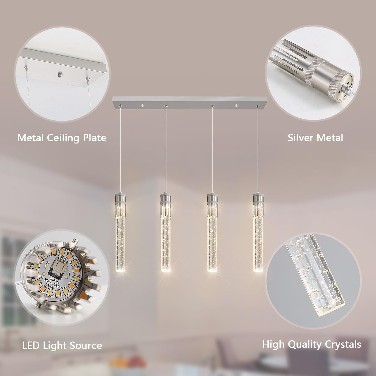4 Lights Pendant Lights for Kitchen Island Modern Dimmable LED Crystal Chandelier Brushed Nickel Pendant Light Fixture with Remote for Dining Room Living Room