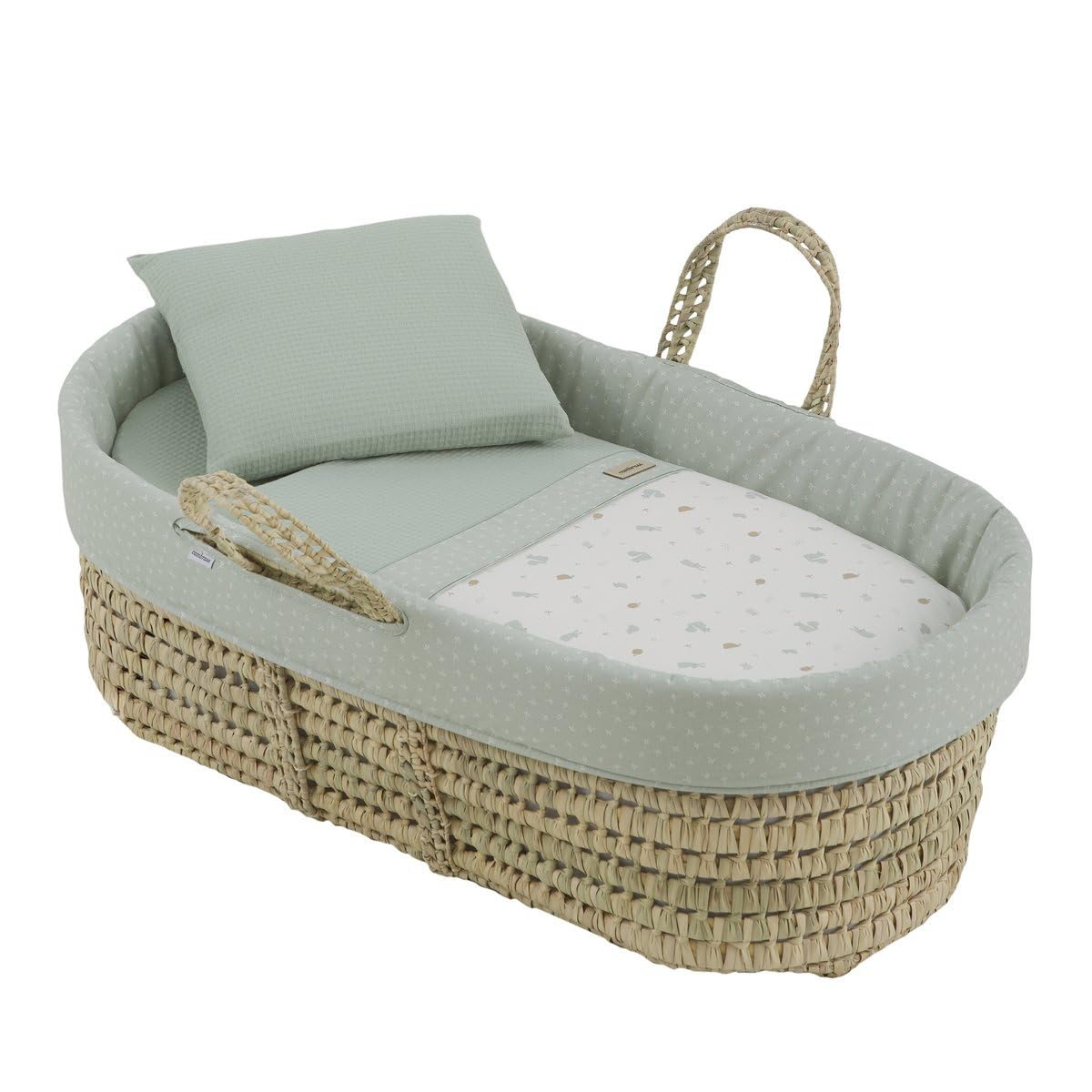 Cambrass Moises de Palma UNE Completo para Bebe Recien Nacido con Vestidura Acolchada y Colchon de Seguridad Higienica en Palma Tratada 39x80x25 CM Ardi Verde.