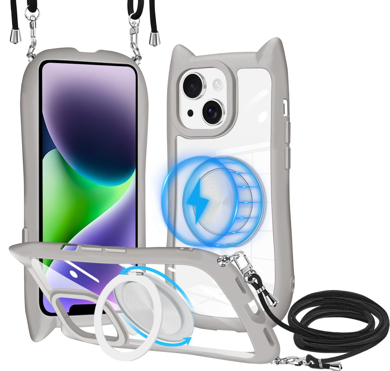 iPhone 14 ケース MagSafe対応 360度回転スタンド リング付き PC背面 + TPUバンパー ネック ショルダー iPhone 14 カバー 肩掛け 首掛け 斜めがけ 紐付き 韓国 かわいいファッション 耐衝撃 薄型・軽量で車載対応