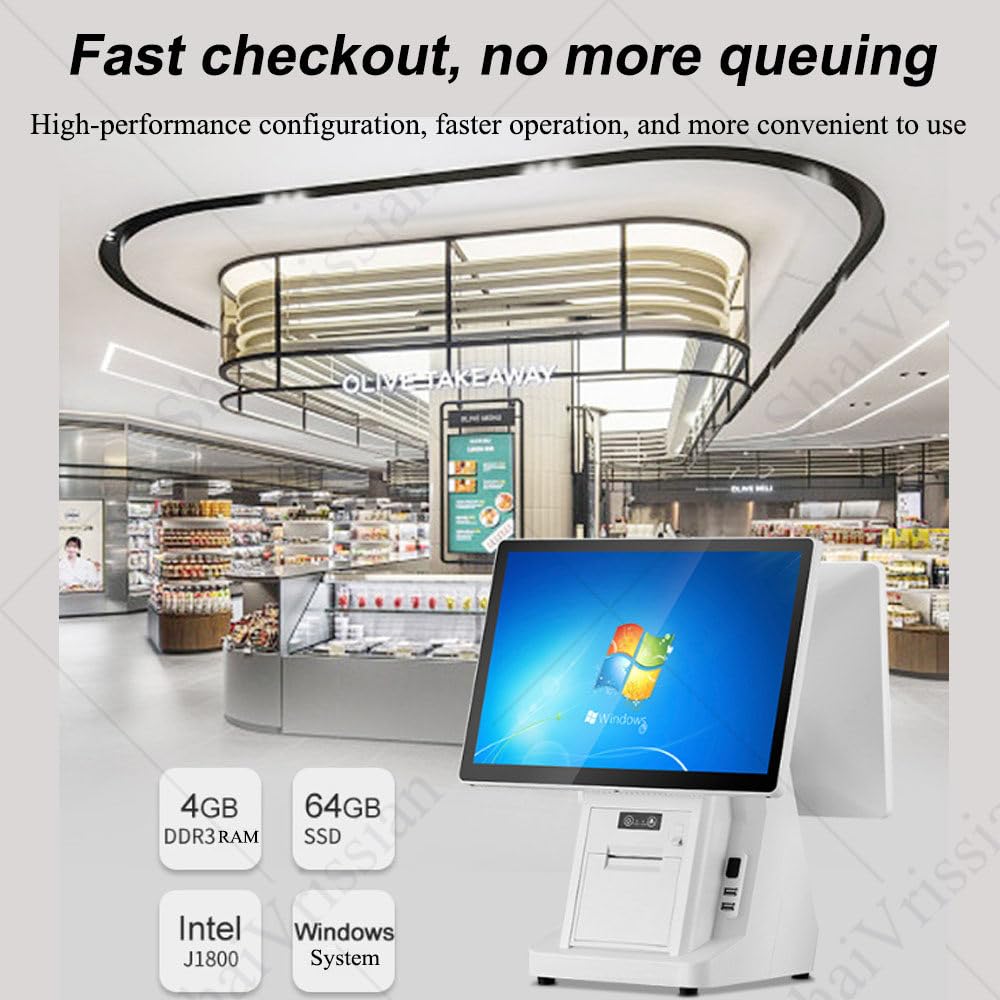 Caja Registradora con Pantalla Táctil,Registradora Pos para Tiendas,Monitor 15,6 Pulgadas,6 Puertos USB,Multitáctil Capacitivo,para Pequeñas Empresas Y Comercios Dualscreen
