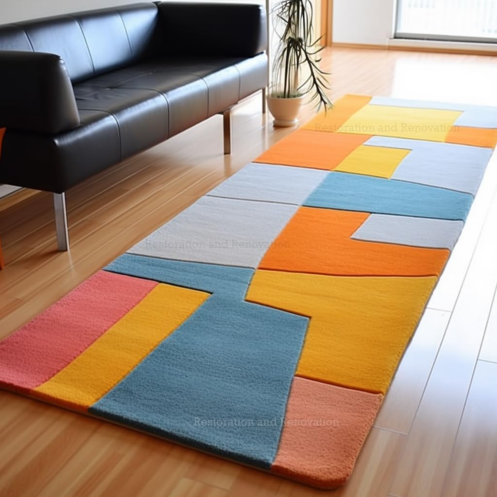 Restoration and Renovation Modern Runner Wool Rug - Vibrant Colorful Patterns with Abstract & Geometric Design Carpet - Plush Texture for Living Room, Bedroom, Hallway (2.6' x 8', AquaFlow Spectrum)