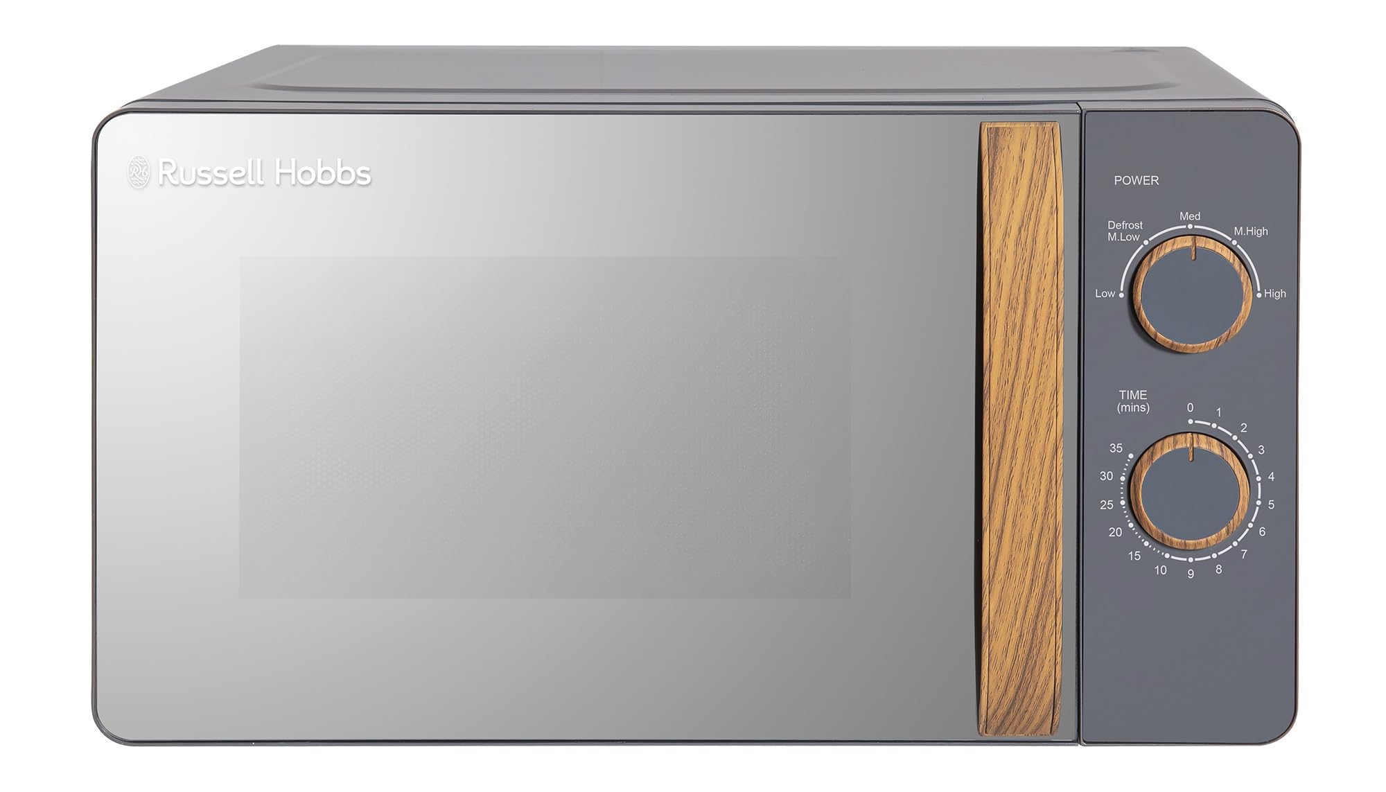 Russell Hobbs RHMM713G - Microondas manual compacto de 17 l y 700 W, estilo escandinavo, 5 niveles de potencia, maneta y diales con efecto madera, temporizador, función de descongelación, gris