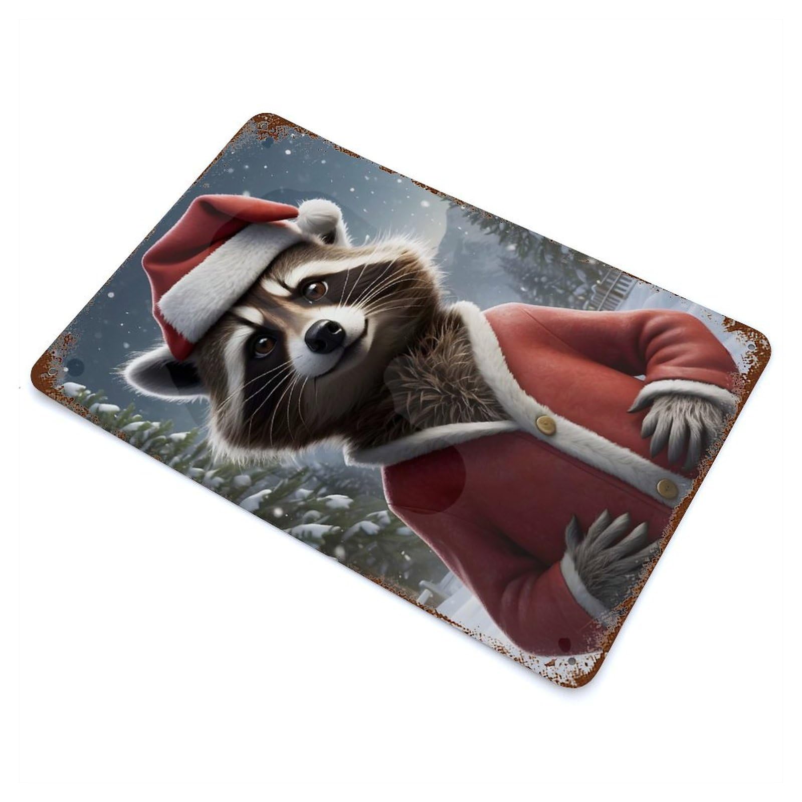Racoon Santa Hat Rusty Metal Tin Sign 11.8"x7.9", Industrial Home Decor for Garage, Pub Or Kitchen