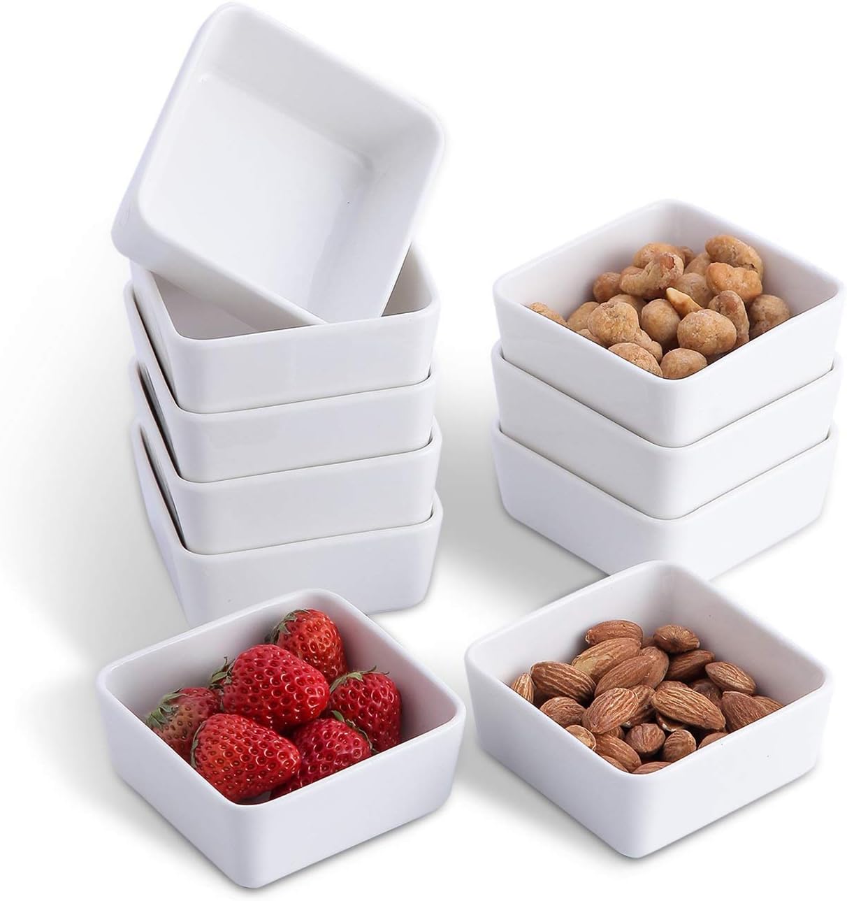 OMAYKEY 3.5 Inch Square Ramekins Set of 10, 6 oz Porcelain Ramekins for Baking, Creme Brulee Dish, Souffle Cups, Appetizer Cups, Dipping Sauce Dish, Custard Dish, Pudding Cups, White