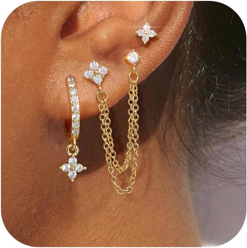 Sterling Silver Stud Hoop Earrings Set, Dainty Gold Silver Flower Chain Earrings for Multiple Piercing, Hypoallergenic Earring Jewelry for Women Trendy 2025