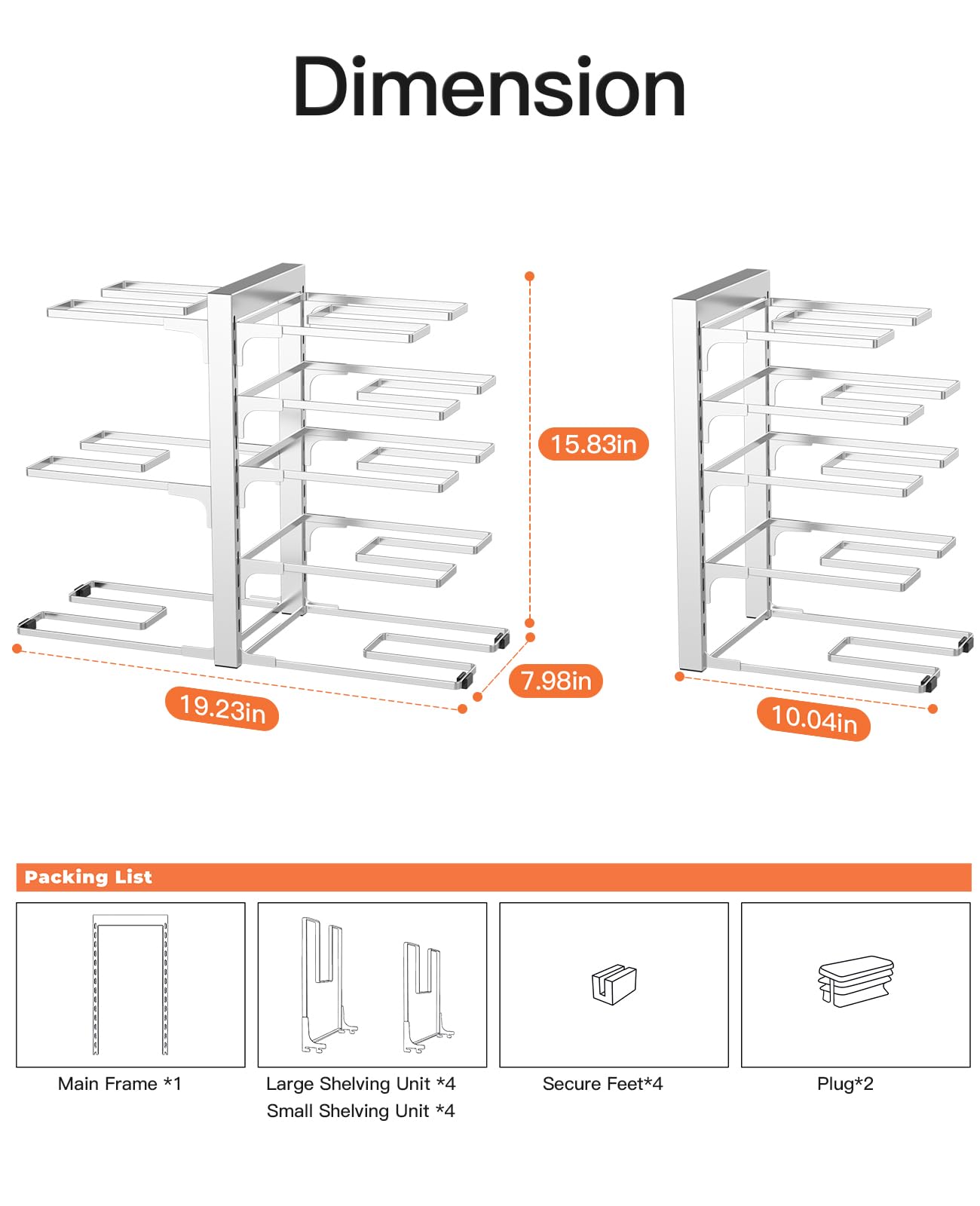 ORDORA Organizer per pentole e padelle a 8 livelli, organizer per mobili da cucina, resistente fino a 54,4 kg, organizer per pentole e padelle all'interno dell'armadio, regolabile, argento