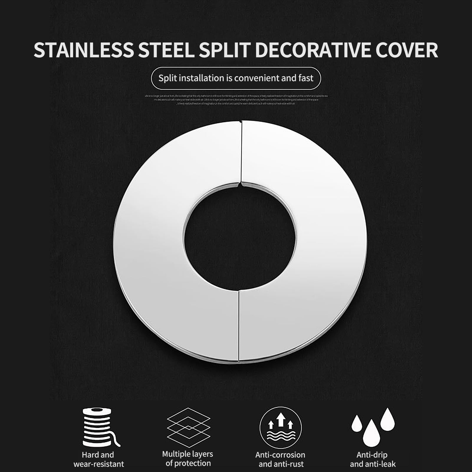 Set di 4 rosette per tubi di riscaldamento, in acciaio inox, 43 mm, impermeabile, motivo diviso, autoadesivo