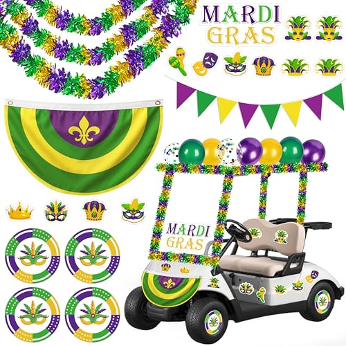 33Pcs Mardi Gras Golf Cart Float Parade Decorations Kit - Purple Green Gold Bunting Burlap Flag Tinsel Garlands Banner Balloons for Carnival Party Decor