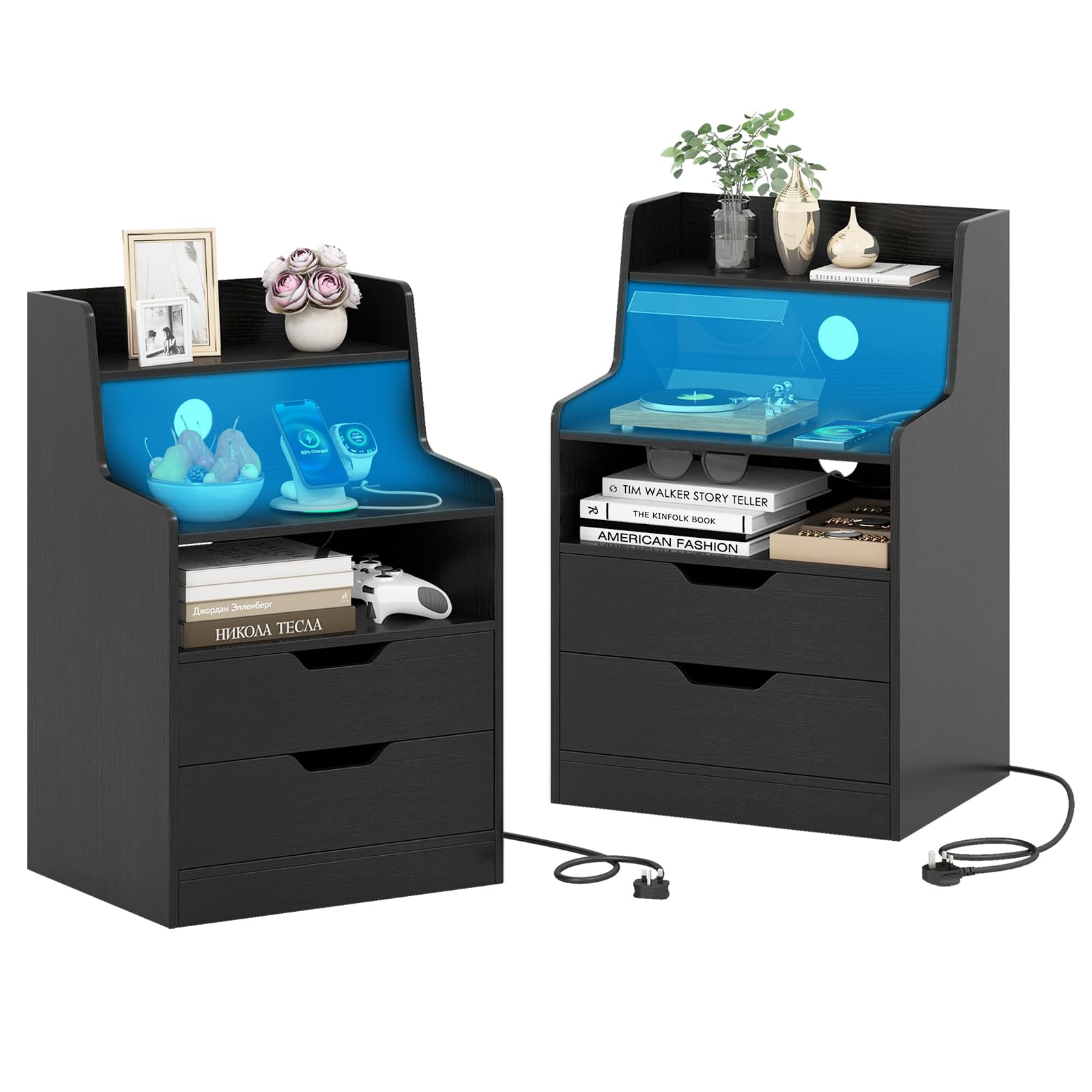 COSTWAY LED Bedside Table with Charging Station, Smart Nightstand End Sofa Side Table with RGB Light Color, 2 Drawers & Storage Shelves, Bedside Cabinet Chest for Living Room Bedroom (2, Black)
