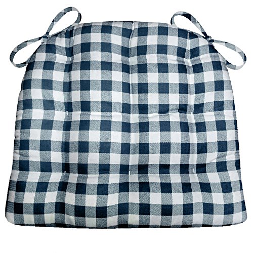 Barnett Home Decor Classic Check Navy Blue Dining Chair Pad with Ties - 19 x 19 Size Large Chair Cushion - Latex Foam Fill - Machine Washable, Reversible, 100% Cotton Plaid, Made in USA